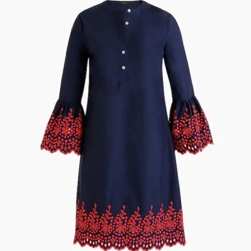 J Crew Eyelet belle Sleeve Dress Navy/Red - M
